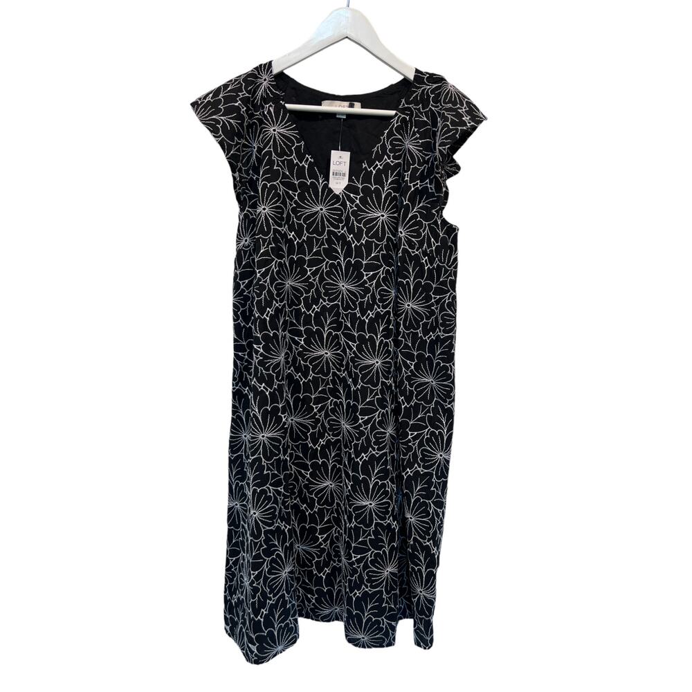 Loft Womens Medium Tall Floral Embroidered Flutter Sleeve Shift Dress Black NEW